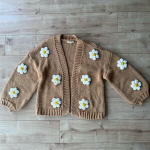 BaeVely Flower Cardigan Small Tan Chunky Knit Daisy Sweater Cottagecore